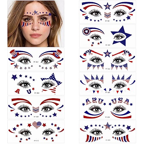 HOWAF 4th of July Face Tattoo Stickers, 10Pcs USA Independence Day Facial Makeup Stickers, Patriotic Fake Tattoos, Waterproof, Red, White, Blue