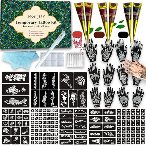 191 PCS Temporary Tattoo Stencils Kit, 6 Tattoo Ink Cones 3 Color (Black, Brown, Dark Red) & Tattoo Pen - Temporary Tattoo Kit, DIY Body Art | Perfect for Kids, Teens, Beginners, Family Fun & Parties