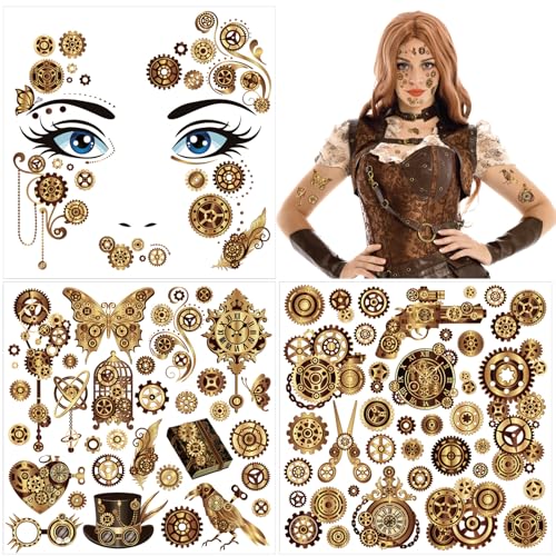 HOWAF Steampunk Temporary Tattoos Steampunk Face Tattoos, Steampunk Accessories Steam Punk Cogs and Gears Fake Tattoos, Halloween Tattoos Halloween Face Tattoo for Steampunk Halloween Costume