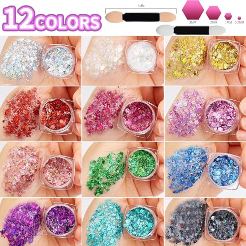 12 Vibrant Shades Face & Body Glitter Gel Set - Long Lasting Cosmetic Glitter for Festival Makeup, Hair Sparkles, Carnival Parties - Waterproof Non-Irritating