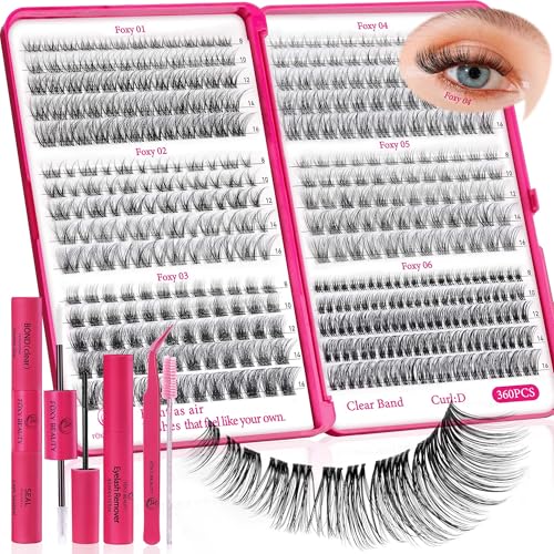 Nova Lash Clusters Kit 360 PCS Lash Clusters Natural Look Invisible Band Lashes Eyelash Clusters with Bond and Seal D Curl WideSpan Cluster Eyelash Extension Kit 8-16mm DIY at Home