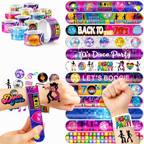 48PCS 70s Disco Party Set - 24PCS Temporary Tattoos & 24PCS Slap Bracelets - Retro Disco-Themed Birthday Supplies, Baby Shower Gifts, Classroom Rewards & Party Decor for Kids (Boys & Girls)