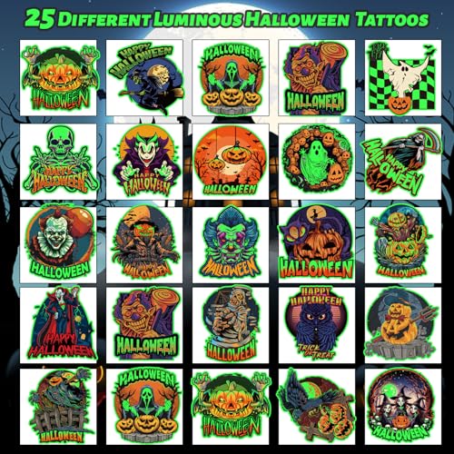 winthrop 100 Pcs Luminous Halloween Temporary Tattoos for Kids, Individually Wrapped Glow In the Dark Waterproof Large Size Tattoos,Trick or Treat, Best Choice for Halloween Candy Bag, 25 Designs