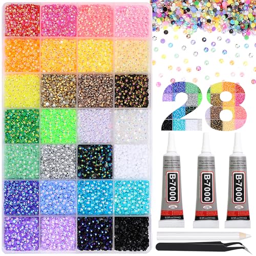 RODAKY 28 Color Rhinestone 3mm Resin Jelly Rhinestones Colorful Flatback Gems for Bedazzling Crystal Rhinestone Kit with 3Pcs 10ml B7000 Glue Diamond Jewels for Crafting DIY Art
