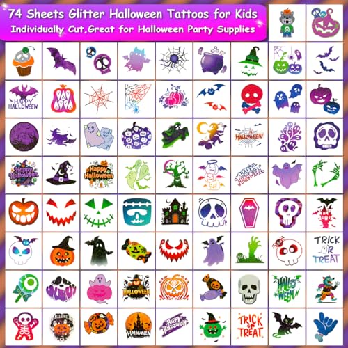 Glitter Halloween Tattoos for Kids - 74 Individually Sheets Glitter Pumpkin Bat Skeletons Spiderweb Tattoos for Kids Halloween Party Supplies Treats Goodie Bag Fillers