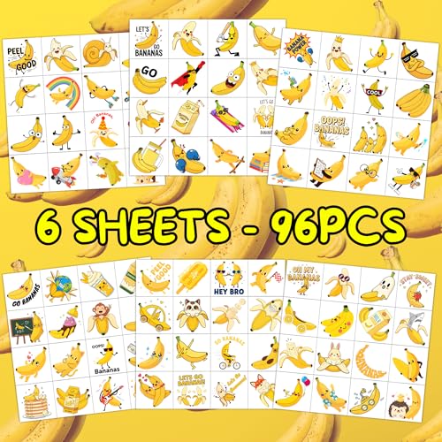 Banana Temporary Tattoos 96Pcs Yellow Banana Tattoos for Kids Birthday Party Supplies Favors Tattoos Sticker Super Cute Gifts Fruits Theme Party Decorations Girls Boys Classroom School Prizes Carnival