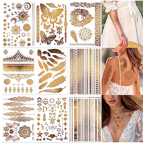DPKOW 9 Sheets Gold Temporary Tattoos - Moon Star Butterfly Glitter Tattoos for Festival Flash Fake Waterproof Body Art