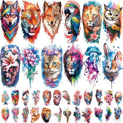 77 PCS Temporary Tattoos Adult Kids, 17 PCS Half Sleeve Flower Lion Tiger Wolf Cat Owl Parrot Large Fake Tattoos, 60 PCS Tiny Waterproof Realistic Body Tattoos Stickers for Women Girls