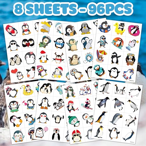 96 PCS Funny Summer Penguin Pre-cut Temporary Tattoos Sticker Animal Polar Birthday Party Decorations Supplies Favors Gifts Girls Boys Prizes Cute Tattoo School Reward Themed Christmas Winter