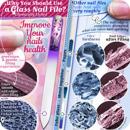 GLADZY Genuine Czech Glass Nail File Set - Callus Remover Foot Rasp, Cuticle Pusher Manicure Stick, Double Sided Etched Different Grit Surface, Professional Nail Care Tool, Made in EU