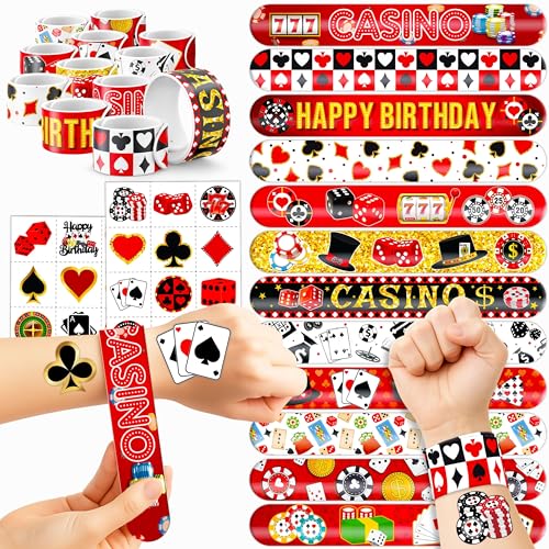 48PCS Casino Party Favors - 24PCS Temporary Pre - cut Tattoos & 24PCS Slap Bracelets - Fun Vegas-Themed Birthday Supplies, Baby Shower Gifts, Classroom Rewards & Party Decor for Kids (Boys & Girls)