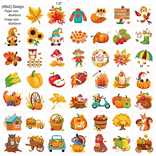 HOWAF 96 Pcs Thanksgiving Fall Temporary Tattoos, 48 Styles Autumn Harvest Temporary Tattoos Stickers for Kids, Thanksgiving Fake Tattoos with turkeys, owls, squirrels, pumpkins, maple leaves design