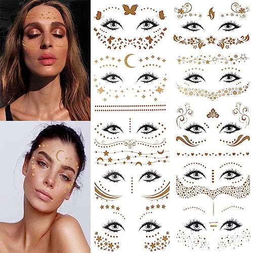 Gold Temporary Tattoo Stickers Freckles Face Tattoos for Women Girls Kids Metallic Waterproof Tattoo Sticker Butterfly Star Moon Stickers for Face Makeup Party Festival (Style B)