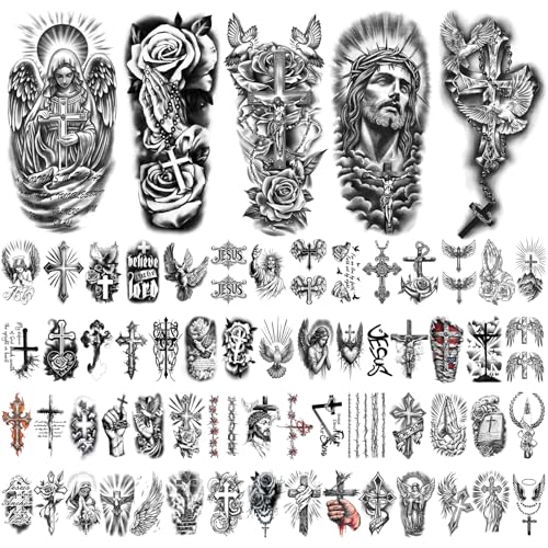 77 Sheets Christian Temporary Tattoo Adult Men Women Kids Religious Jesus Cross God Christ Catholic Realistic Half Sleeve Body Fake Tattoos Stickers