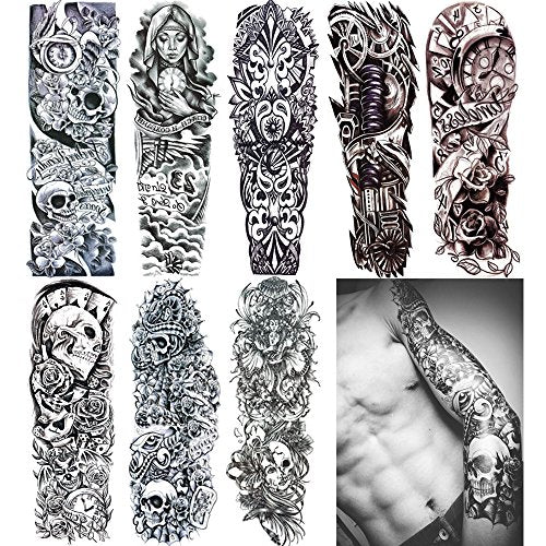 18.9x6.7 8 Sheets Extra Large Temporary Fake Tattoos Set for Men and Women, Full Arm Tattoo Sticker Skull Flower Paper Decal Fake Tattoos Sleeve DIY Black Body Art Sticker, Black 1