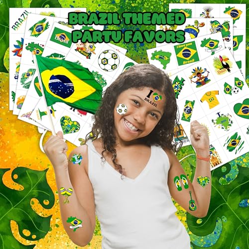 96 PCS Brazil Brazilian Pre-Cut Temporary Tattoos Themed Birthday Party Supplies Favors Decorations D?cor Soccer Carnival Tattoo Stickers Gifts For Boys Girls Class School Prizes Carnival Cartoon