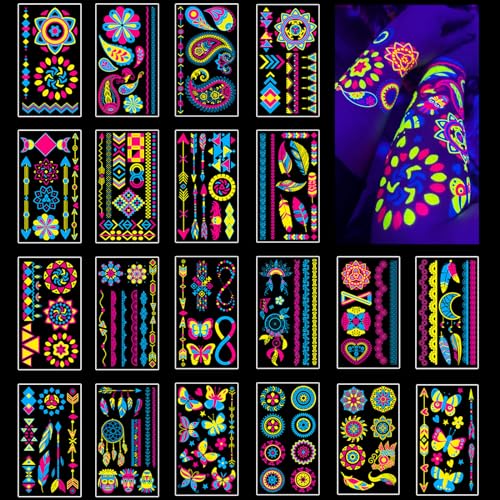 Temporary Tattoos 170 PCS Glow in The Dark Tattoos that React to Neon UV Black Light, Tattoos for Kids Teens and Adult, Neon Glow Party Decorations, Glow in The Dark Party Supplies, Glow Party Favors