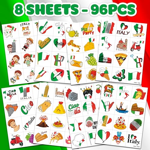 96 PCS Italy Italian Italia Flag Pre-Cut Temporary Tattoos for Kids | Super Cute Italy Themed Birthday Party Favors, Supplies, Decorations, Fake Tattoo Stickers, School Rewards Gifts For Boys & Girls