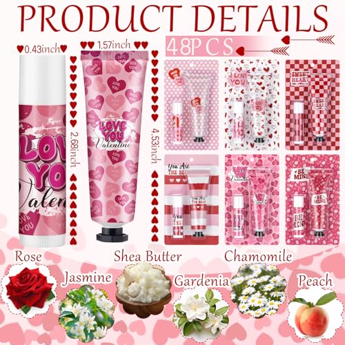 Loopeer 48 Sets Valentine's Day Hand Cream Lip Balm Gifts Bulk Galentine's Day Gift Valentine Party Favor Moisturizing Heart Hand Lotion Bulk Mini Dry Cracked Care Cream for Women Teacher Coworker
