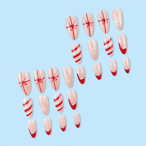 Christmas Press on Nails Short Almond Fake Nails, Xmas Hat Tip Nails Press Ons with White Snowflake Bow Designs Glue on Nails Full Cover False Nails Glossy Acrylic Nails for Women 24Pcs