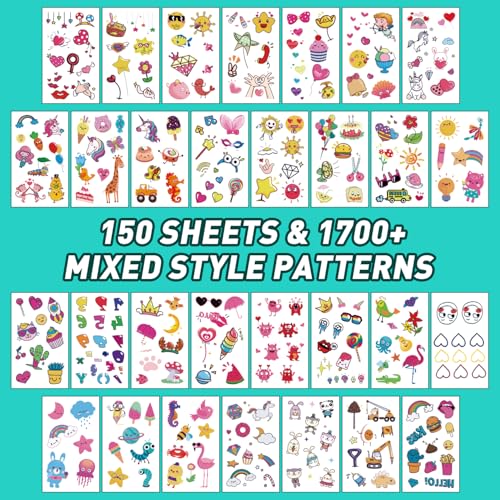 Temporary Tattoo Kids - 150 Sheets & 1700+ Patterns | Boosts Imagination/Creativity & Easy-Clean | Ideal for Party Favors, Arts & Crafts, Goodie Bags (Non-Toxic, Safe for Skin)
