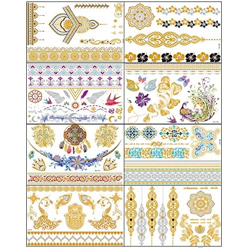 Aresvns Metallic Temporary Tattoo Butterfly, 8 Sheets Gold Silver Fake Tattoo for Women,Flash Jewelry Gold Boho Tattoos Waterproof and Long Lasting Accessories for Summer Night Party,Pool Party