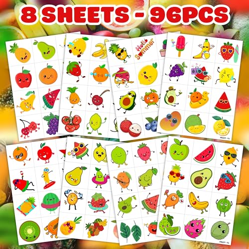 96PCS Fruit Pre-Cut Temporary Tattoos for Kids - Summer Themed Birthday Party Supplies, Cute Lemon, Orange, Strawberry, Watermelon Stickers, Fun Party Favors, School Prizes