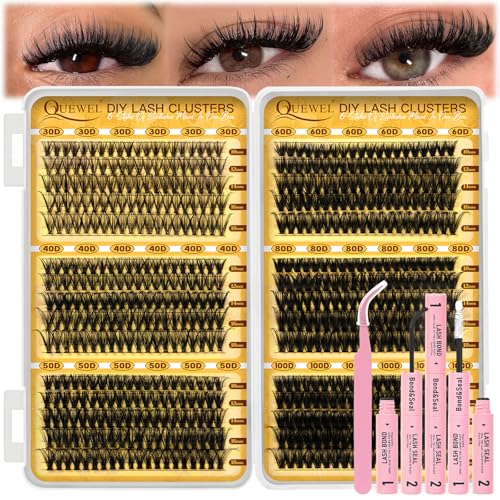 QUEWEL 580PCS Lash Clusters Kit 30D+40D+50D+60D+80D+100D Lashes Clusters Kit 10-18mm Cluster Lashes Individual Eyelash Clusters Reusable for Natural DIY Cluster Eyelash Extensions for Beginners