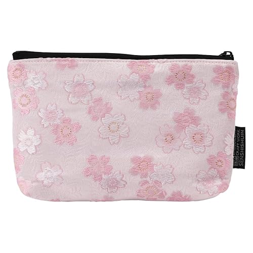 Brocade zipper pouch, lined with lining and front pocket Nishijin brocade, 1, size S. (Shiromomozakura)