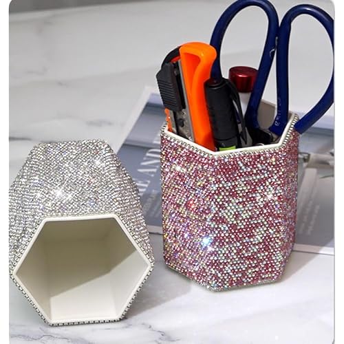 Luxury Crystal Rhinestone Pen Holder Makeup Brush Organizer - Sparkling and Fashionable Desk Organizer for Bling Lovers (Pink)