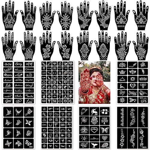 185+pcs Henna Tattoo Stencils, 23 Sheets Temporary Tattoo Stencils for Women Face Body Paint DIY Art Glitter Airbrush Tattoo Stencil Pack