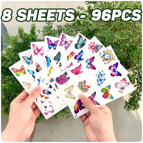 96PCS Butterfly Temporary Tattoos Stickers - Butterfly Themed Party Favors Party Decorations Accessories Supplies Gift Idea For Kids Teens Adult Women Classroom Prizes Rewards Pre-Cut