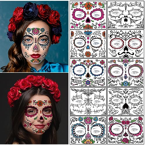 Day of the Dead Face Tattoos - 10 Sheets Halloween Temporary Tattoos Face Stickers Kit D?a de Los Muertos Glitter Red Roses Skeleton Sugar Skull Fake Tattoo for Halloween Makeup on Face Body