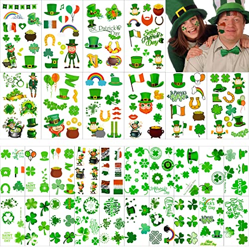 Zomme 32 Sheets 240+ PCS St Patricks Day Tattoos, Include Two Different Sizes Unique Shamrock Tattoos, St. Patrick's Day Tattoos Stickers Green Lucky Clover Temporary Tattoos for Irish Party