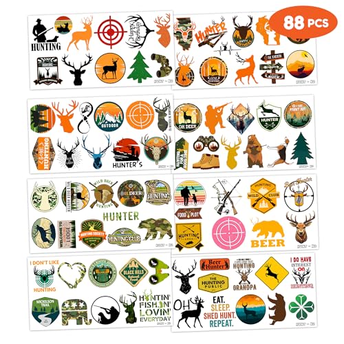 Gone Hunting Temporary Tattoos 88 PCS Oh Deer Hunter Camo Party Decorations Favors Supplies Fishing Theme Birthday Cute Tattoo Stickers Christmas Gifts for Boys Girls Kids Class School Prizes Carnival