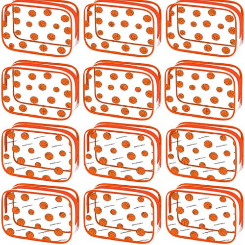 Kacctyen 12 Pcs Basketball Clear Makeup Bag with Zipper Bulk Sport Goodie Clear PVC Pouch Organizer Waterproof Travel Case for Woman Team Gifts Birthday Decorations Supplies