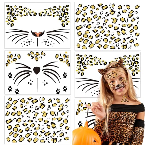 6 Sheets Leopard Print Temporary Tattoos Fake Cheetah Full Face Tattoo Stickers for Women Men Halloween Costume Accessories Leopard Face Body Makeup Decoration Party Supplies, 3 Styles