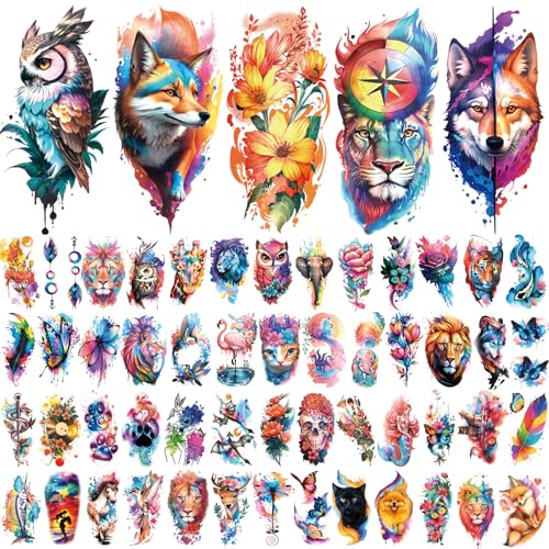 77 PCS Temporary Tattoos Adult Kids, 17 PCS Half Sleeve Flower Lion Tiger Wolf Cat Owl Parrot Large Fake Tattoos, 60 PCS Tiny Waterproof Realistic Body Tattoos Stickers for Women Girls