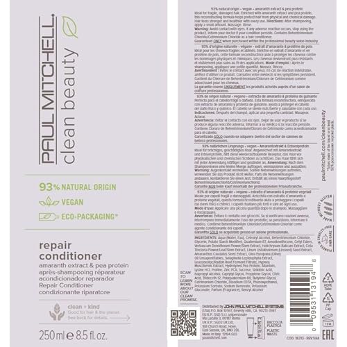 Paul Mitchell Clean Beauty Repair Conditioner, Strengthens, Balances Moisture, For Damaged, Brittle Hair