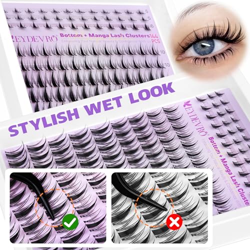 EYDEVRO Manga Lash Clusters Kit with Bottom Lashes Wispy Eyelash Clusters Kit 10-16mm Natural Fairy Cluster Lashes with Bottom Lash Clusters DIY Lash Extension Kit Clear Band Individual Lashes