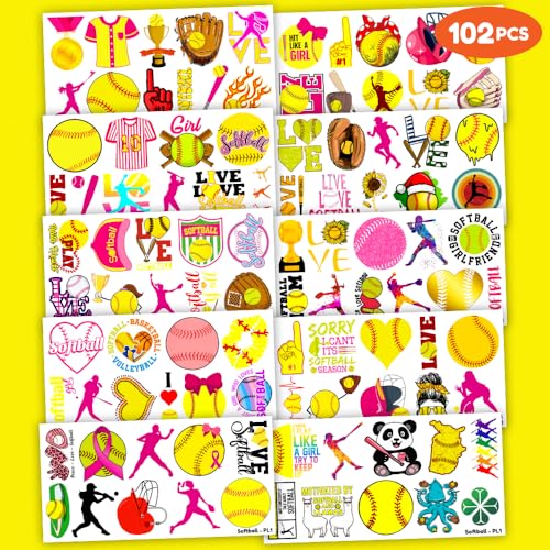 102 PCS Softball Temporary Tattoos Themed Birthday Party Decorations Favors Supplies Decor Girls Cute Baseball Sports Yellow Tattoo Stickers Gifts For Boys Girls Classroom School Prizes Carnival