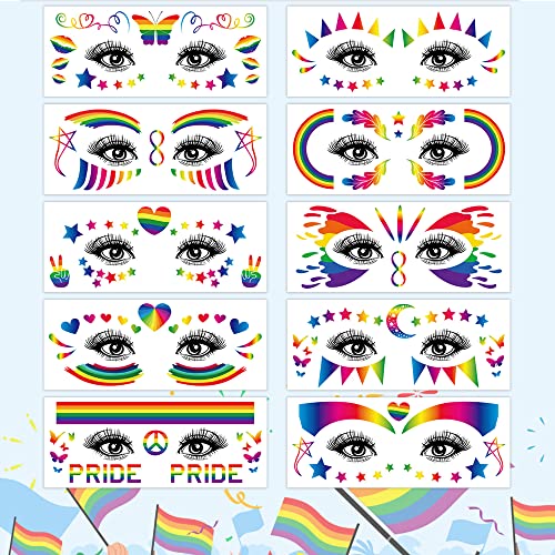 LGBT Pride Rainbow Temporary Tattoos,10 Sheets Mixed Rainbow Style Patterns Waterproof Gay Pride Day Face Tattoo Stickers for Women Men Pride Parades Festival Party Supplies