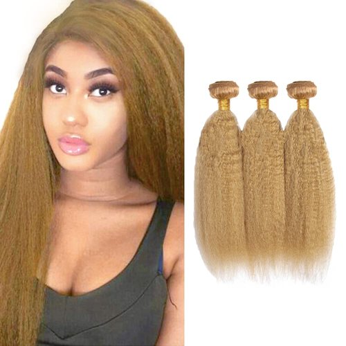 Honey Blonde Kinky Straight Bundles Color #27 Human Hair Bundles Peruvian 8A Virgin Human Hair 3 Bundles 22 24 26 Inch Blonde Kinky Straight Bundles #27 Yaki Bundles