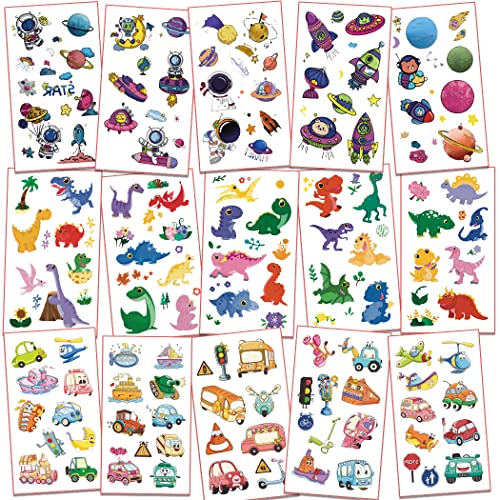 Metker 360PCS Luminous Waterproof Temporary Tattoos - Dinosaurs, Vehicles, Space Themes for Kids Party Supplies