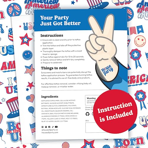 House of Party 4th of July Tattoos - 140 Styles | American Flag and USA Tattoos | Red, White, and Blue Party Supplies | Patriotic Fake Tattoos for Independence Day, Memorial Day, and Labor Day!