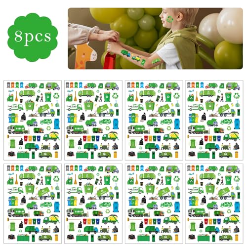 Garbage Trash Truck Temporary Tattoos - 8 Sheets 328 Pcs Trash Truck Birthday Decorations Green Recycling Rubbish Truck Party Favors Waste Management Tattoo Stickers for Kids Classroom Prizes Rewards