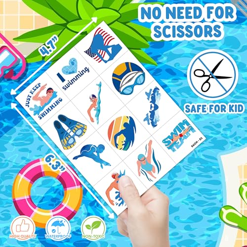 96 PCS Swimming Pre-Cut Temporary Tattoos for Kids | Super Cute Swim Team Pool Beach Themed Birthday Party Favors, Supplies, Decorations, Fake Tattoo Stickers, School Rewards & Gifts Boys & Girls