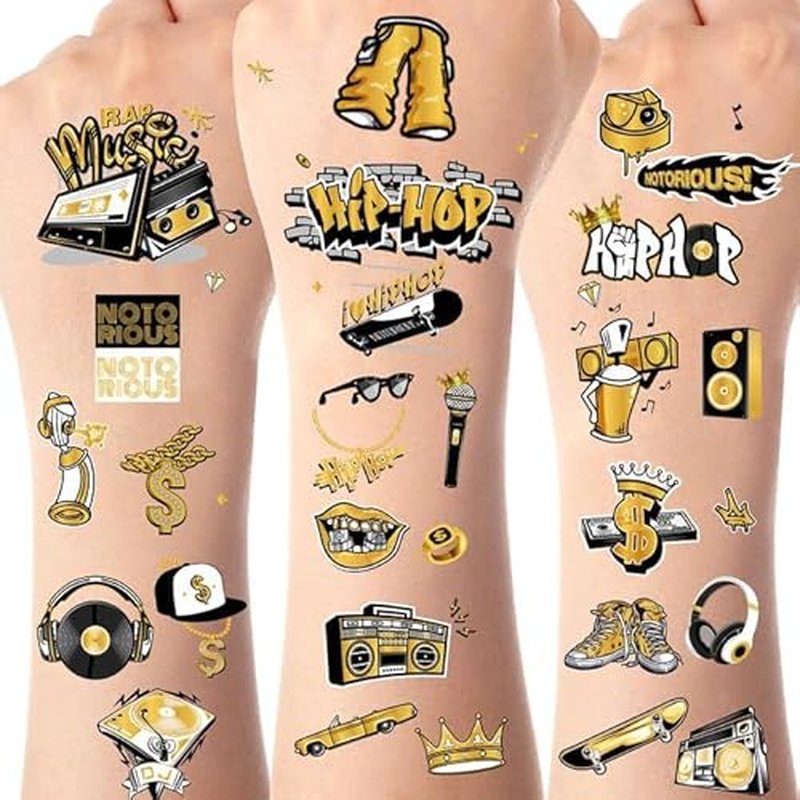 Serencatcher 144pcs Hip Hop Temporary Tattoos, 90s Hip Hop Party Favors with Notorious Tattoos Stickers for 80s 90s Themed Notorious Big Rap Birthday Party Decorations Gifts