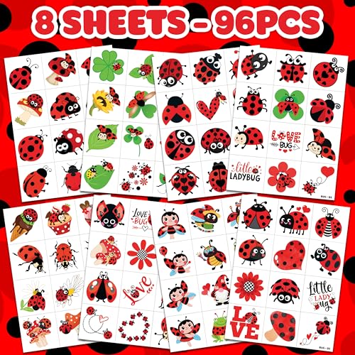96 PCS LadyBug Pre-Cut Temporary Tattoos for Kids | Super Cute Themed Birthday Party Favors, Supplies, Decorations, Animal Fake Tattoo Stickers, School Rewards Prizes & Gifts Boys & Girls