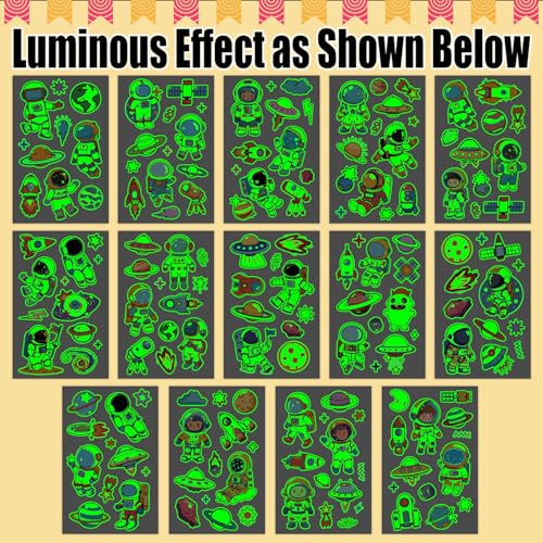 Partywind Glow Space Tattoos for Kids, 150 Styles Luminous Spaceship Planets Astronaut Fake Tattoo Stickers for Space Birthday Party Supplies, Cute Goodie Bag Stuffers for Boys